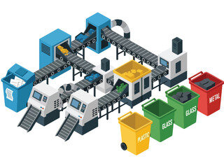 Obraz premium Isometric vector 3D view of a recycling management facility with sorting machines, workers, and bins representing circular economy practices