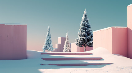 Winter city landscape made of pink cubes with fir trees and snow on staircase
