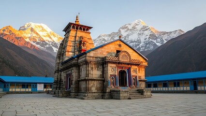 Ancient Hindu stone temple in the Himalayas, sacred mountain pilgrimage site at sunrise, traditional Indian architecture with snow-capped peaks © Kasun