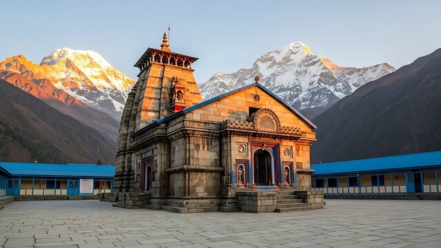 Sacred Hindu pilgrimage site Kedarnath Temple in Uttarakhand India during beautiful golden hour morning