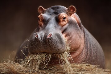 Hippopotamus enjoys a meal of bale hay in its natural habitat during the peaceful moments of the day