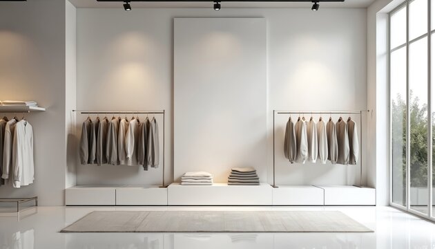 Minimalist boutique clothing store interior design. Racks display neutral tone apparel. Clean white walls, floor, and large windows create airy space. Folded clothes stacked neatly.