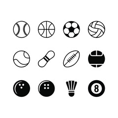 "Monochrome Sports Ball Icon Set - Outline & Solid Vectors"