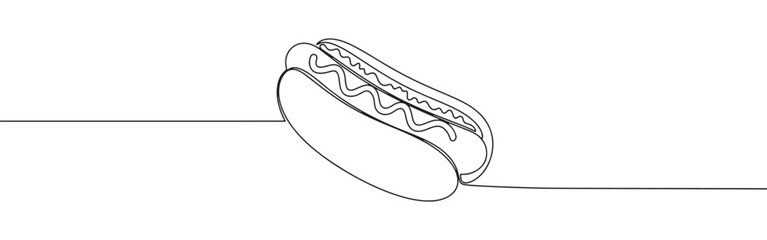 Continuous one line drawing of a hot dog. Vector illustration of fast food sausage in bun isolated on white background. Minimalist street food concept