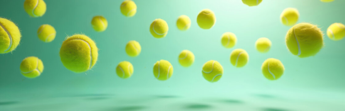 Many yellow tennis balls suspended mid air against soft teal background. Balls appear to frozen in motion creating dynamic, playful sports theme. Balls closer, in focus others farther away, blurred.