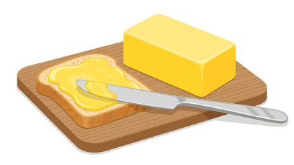 A silver knife spreads creamy golden butter onto a slice of toast resting on a wooden cutting board beside a large block of dairy in this vivid vector illustration