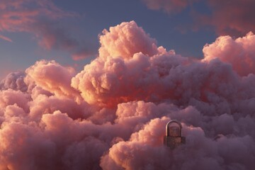 Cloud data security concept featuring a padlock in a vibrant sunset sky with soft pink clouds, illustrating the importance of protecting information in a digital world