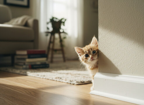 Adorable kitten peeking around corner in cozy home with soft natural light and warm shadows on wooden floor creating calm and inviting atmosphere