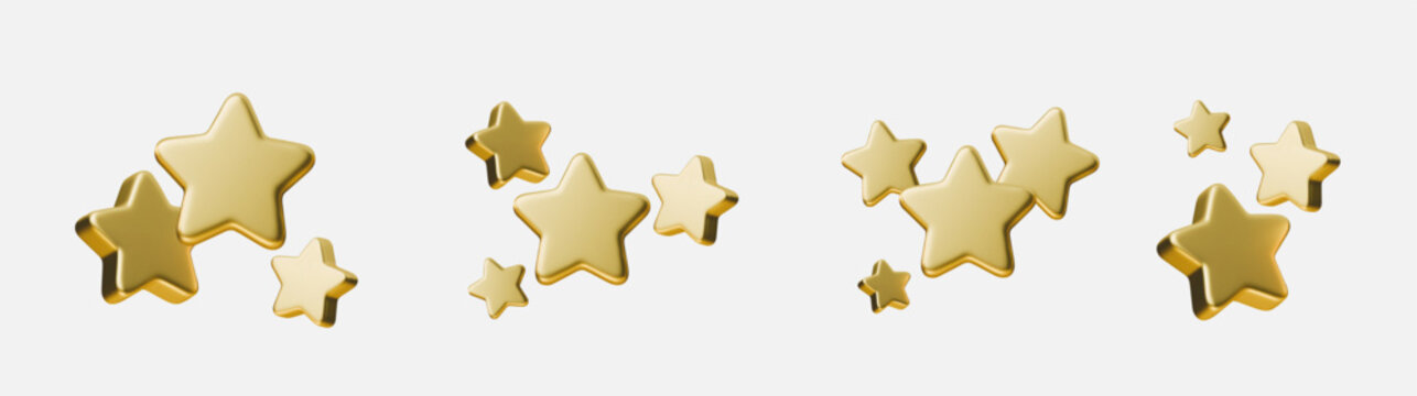 3D gold star icon set isolated on white background for rating and review concepts. Gold star rating set shows five star award icons, rating, feedback and quality symbols for UI, apps, products