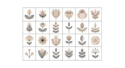 A collection of various botanical illustrations in a grid layout showcasing diverse plant species in muted earthy tones
