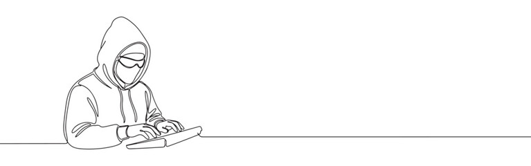 Continuous one line drawing of a hacker at a computer. Vector illustration of cyber security threat isolated on white background. Minimalist crime concept