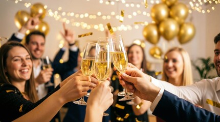 A diverse group of happy friends is celebrating a special occasion, raising champagne glasses in a toast with golden balloons and confetti in the background. Generative AI.