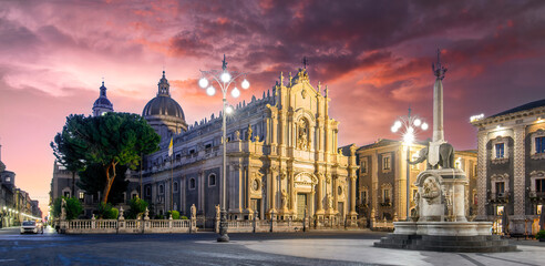 Piazza Duomo in Catania, Sicily, Italy with the Cathedral of Santa Agatha and Liotru at night