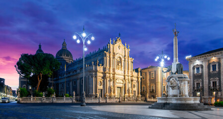Piazza Duomo in Catania, Sicily, Italy with the Cathedral of Santa Agatha and Liotru at night