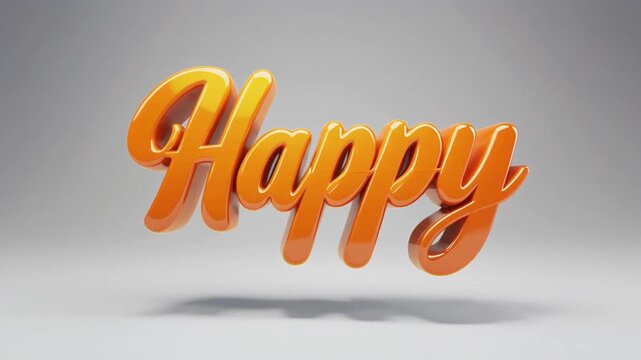 A dynamic 3d animation reveals the orange glossy word happy emerging from a stylized caterpillar on a gradient background