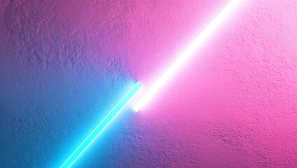 two diagonal neon tubes glow vivid blue and pink against rough concrete casting vaporwave gradients and sharp contrast for a modern abstract cyberpunk background scene