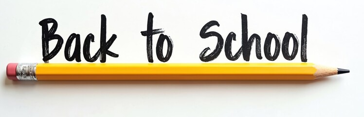 Yellow pencil rests below bold black text reading Back to School. Simple graphic for academic success and study time. Great for educational themes.