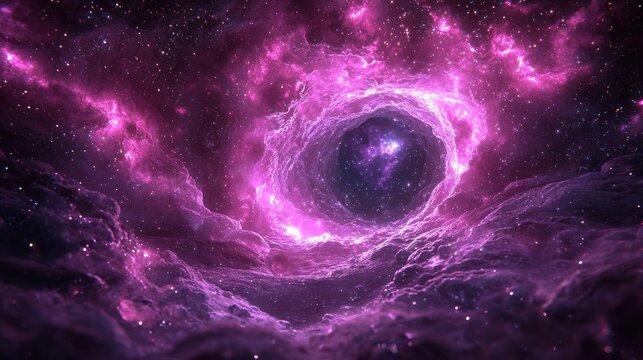 A swirling, vibrant cosmos with a central glowing point, encircled by nebulous pink and violet clouds