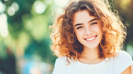 Naklejka premium Young girl smiles brightly outdoors in a sunny park setting