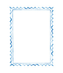 Scalloped watercolor blue frame. Minimalist hand drawn illustration isolated on white background.