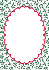 Red scalloped frame with green floral background. Watercolor illustration for festive invitation.