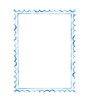 Scalloped watercolor blue frame. Minimalist hand drawn illustration isolated on white background.