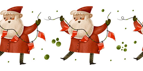 Cartoon Santa claus with socks on rope border seamless pattern . Christmas design.  Hand drawn illustration on isolated background. New year happy holidays