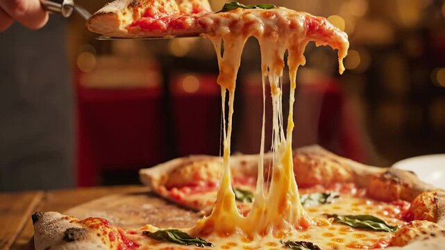 Golden brown pizza slice with incredibly stretchy molten cheese being lifted, showcasing delicious Italian cuisine.