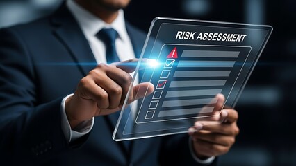 Businessman using digital tablet for professional risk assessment and compliance checklist