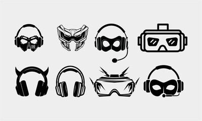 Collection of futuristic helmets and virtual reality headsets for gaming and technology.