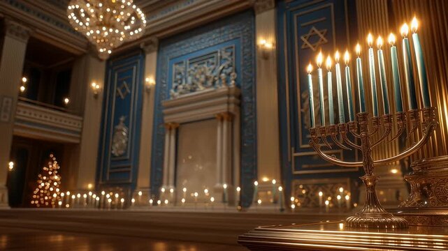 Lit Hanukkah menorah standing inside an elegant synagogue interior with warm candlelight, blue decor, and a calm festive atmosphere