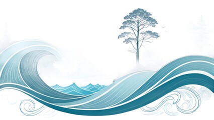 Stylized Blue Ocean Waves with Solitary Pine Tree Illustration
