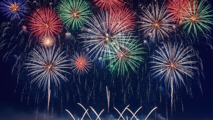 Spectacular pyrotechnic display illuminating the night sky with vibrant bursts of color creating