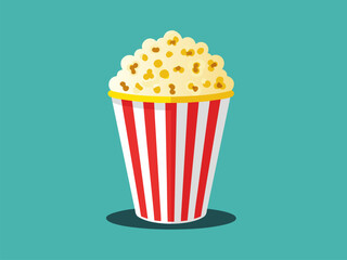 A classic red and white striped bucket overflowing with freshly popped popcorn.