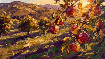 Golden Hour Apple Orchard Landscape with Ripe Fruit on Trees