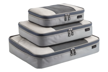 Stack of three grey travel packing cubes with mesh tops and zippers