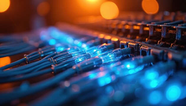 Closeup of blue glowing fiber optic cables plugged into a server rack. Data transmission wires create a network connection. High speed internet infrastructure, digital communication and cyberspace.