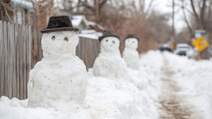 Snowmen line the snowy sidewalk on a winter day in a neighborhood
