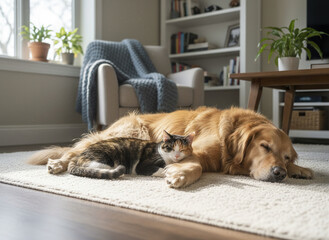 Golden retriever cat indoor living room carpet cozy pet domestic peaceful resting