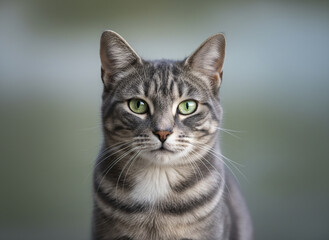 Obraz premium Gray tabby cat with green eyes looking calmly at camera, soft focus background enhances peaceful and serene expression of pet portrait