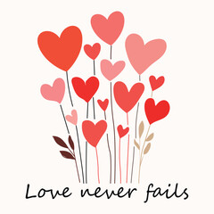 Love Never Fails &ndash; Romantic Heart Flower Illustration with Soft Red and Pink Hearts in Minimal Flat Vector Style
