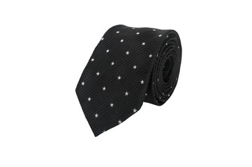 Classic black tie with white stars, rolled up and isolated on a white background.