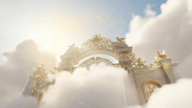 Heavenly golden gates with cherubs, amidst bright white clouds and ethereal light
