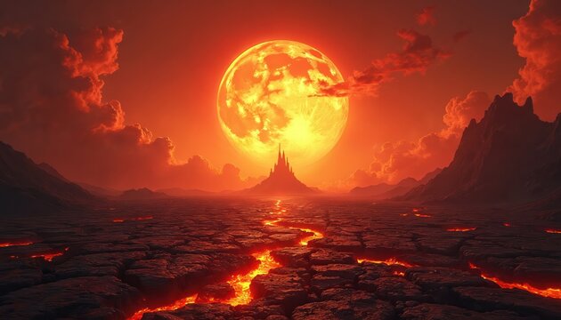 Cracked dry ground shows glowing lava river. Fiery orange sun looms over desolate rocky mountains. A dark ominous castle sits on distant plain.
