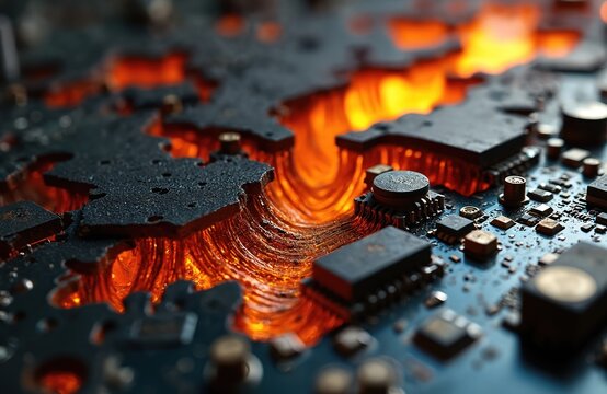 Macro view of damaged electronic circuit board with glowing orange heat inside. Burned components, broken traces show technology failure, system meltdown. This digital hardware shows data corruption.
