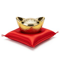 Decorative Golden Chinese Ingot on Red Cushion for Good Luck