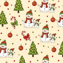 Festive Christmas Pattern with Snowmen, Trees, and Candy Canes.