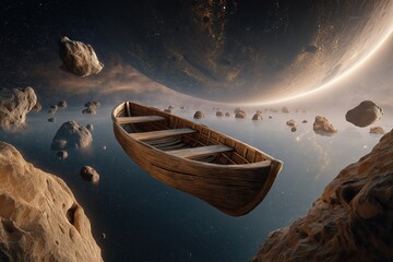 Wooden boat floating in a surreal cosmic ocean with a giant planet and scattered asteroids under a starry sky. Fantasy space adventure.