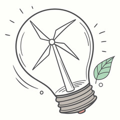 Wind turbine inside glowing light bulb with green leaf