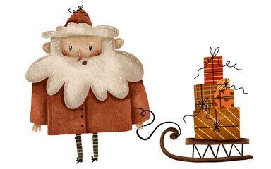 Cartoon cute santa claus with gift boxes. Joy Christnmas and happy new year. Hand drawn illustration on isolated background